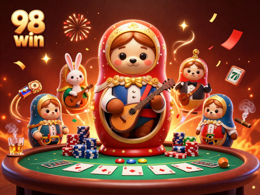 Engage with 98 win's vibrant casino scene featuring a Matryoshka bear and gaming elements.