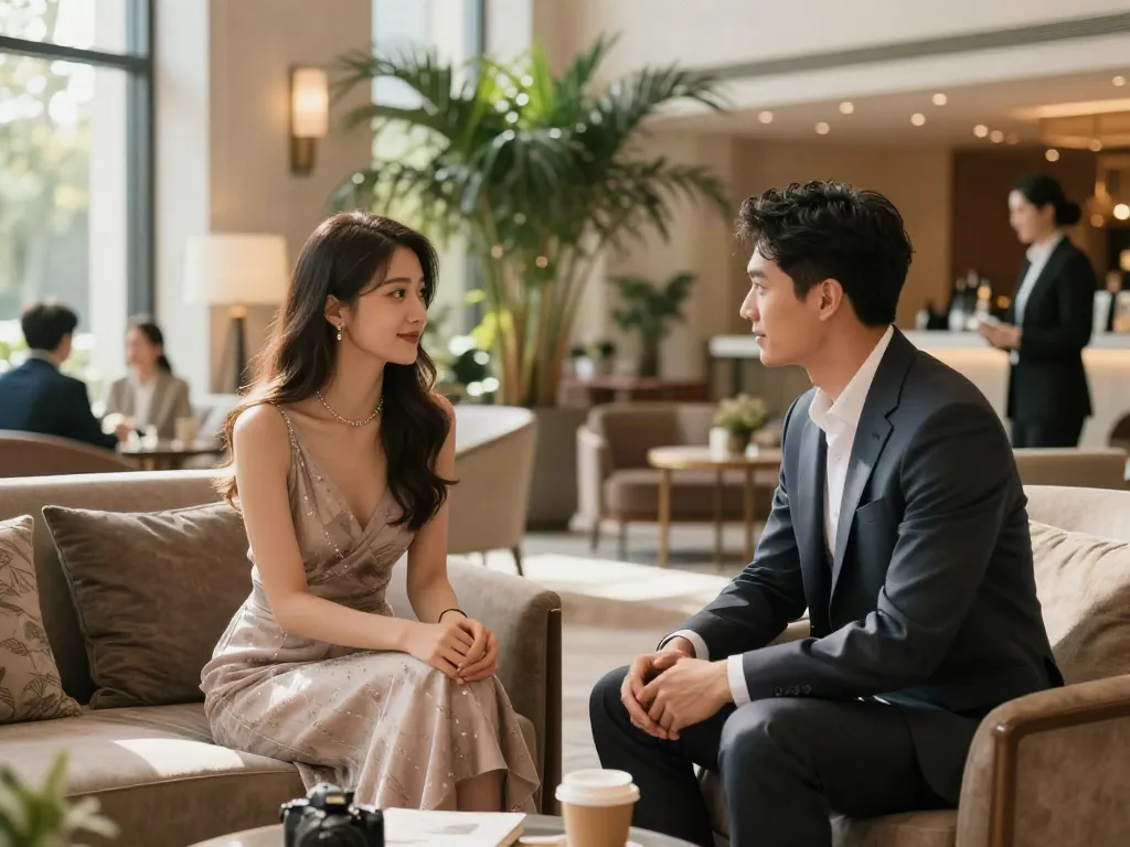 Engaging moment with an elegant couple in a luxurious hotel lobby, perfect for נערות ליווי בצפון experiences.