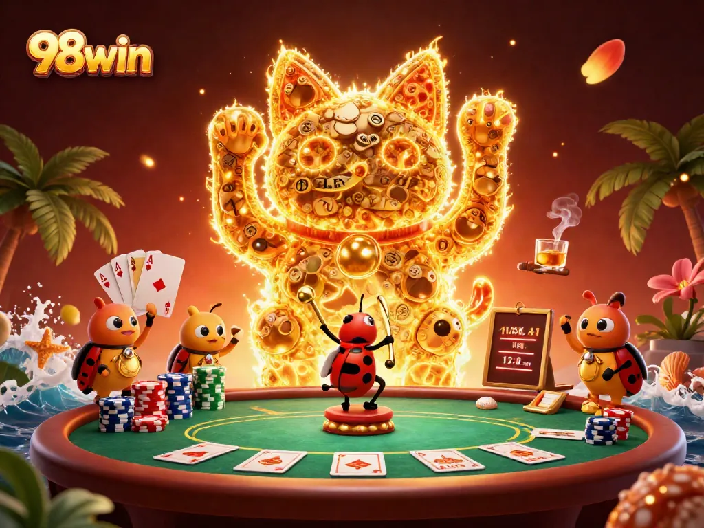 Experience a vibrant casino scene with 98win's lucky cat made of fireflies and poker elements.