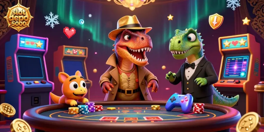 Experience the excitement of slot depo 5000 with a vibrant scene featuring a velociraptor and friends at a casino table.