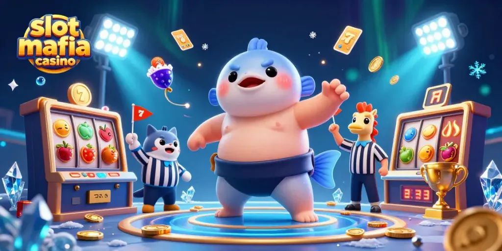 Engage with the slot mafia casino through a vibrant underwater slot scene featuring a giant blowfish and casino elements.