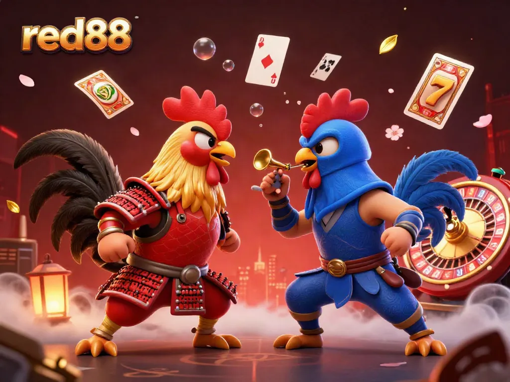 Experience thrilling action in red88 with roosters battling amidst casino elements like slot reels and playing cards.
