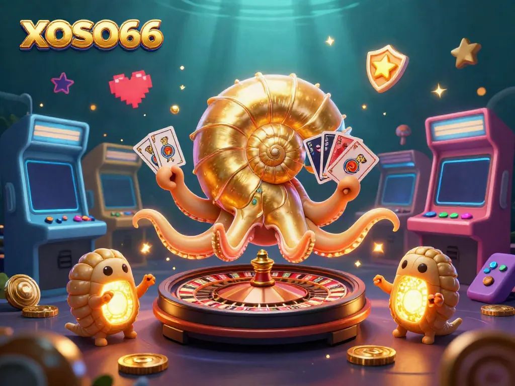XOSO66 showcases an ancient giant nautilus as a roulette wheel, surrounded by vibrant gaming elements.