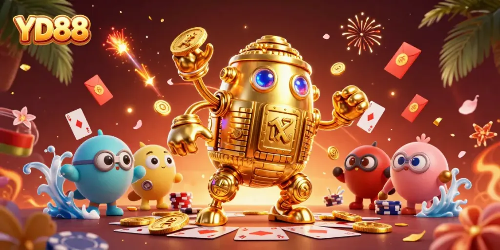YD88 captivates players with an energetic scene featuring a gold golem and vibrant casino elements like poker cards.