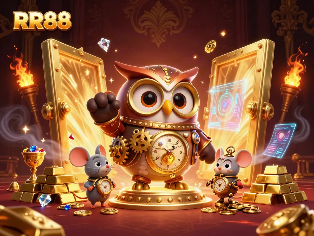 Experience the excitement of RR88 as a cartoon owl and mouse explore a steampunk casino world.