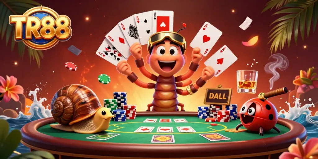 Experience excitement with TR88 as a millipede dealer showcases dazzling cards in a vibrant casino scene.