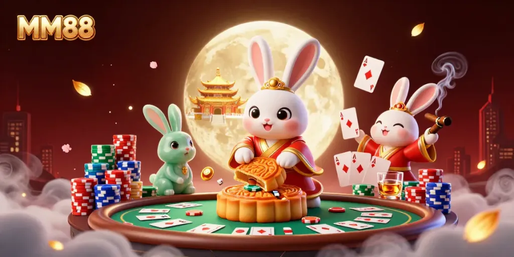 Experience thrilling MM88 rewards with a vibrant cartoon scene of a moon rabbit unveiling poker treasures.