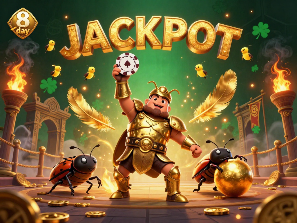 Experience the thrill of the 8 day casino with a heroic beetle and jackpot celebration in a vibrant gambling arena.