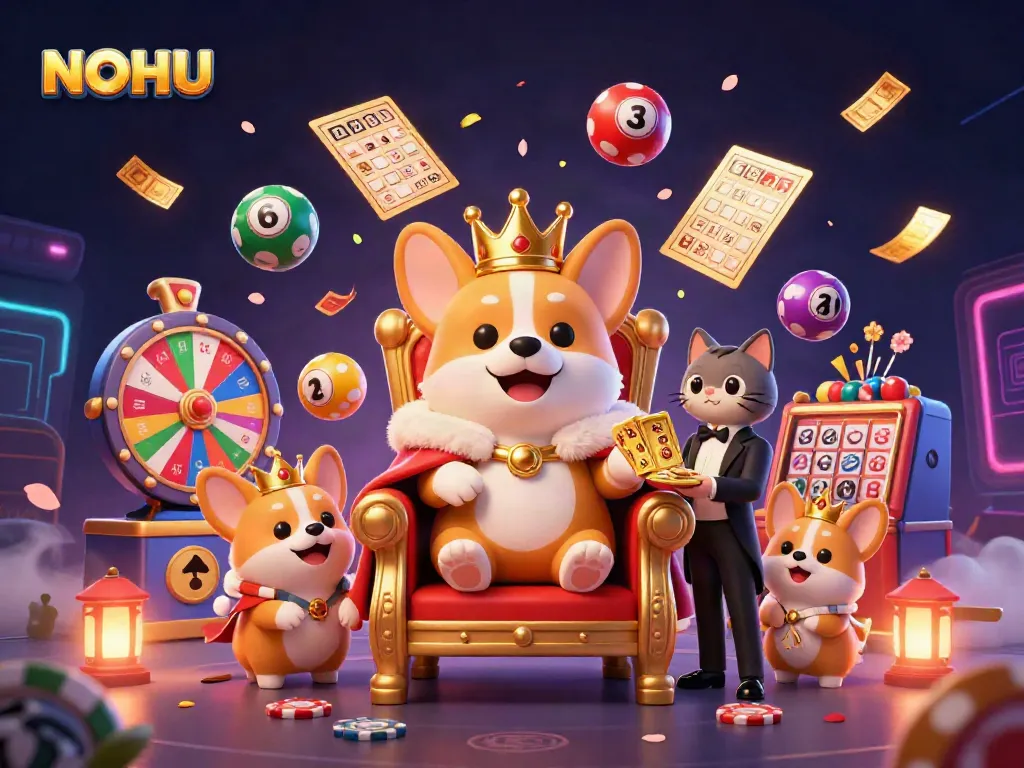 NOHU 3D illustration showcasing a royal corgi and lottery elements, perfect for online gaming.