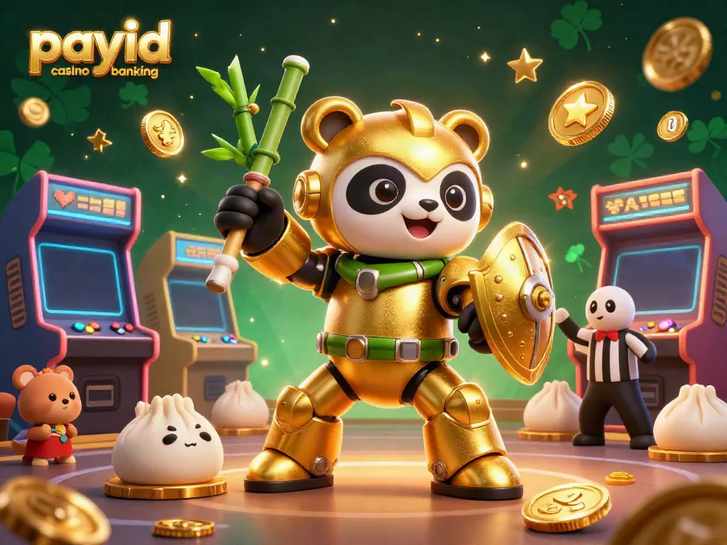 Exciting scene showcasing payid casino banking with a mech-panda and vibrant casino elements.