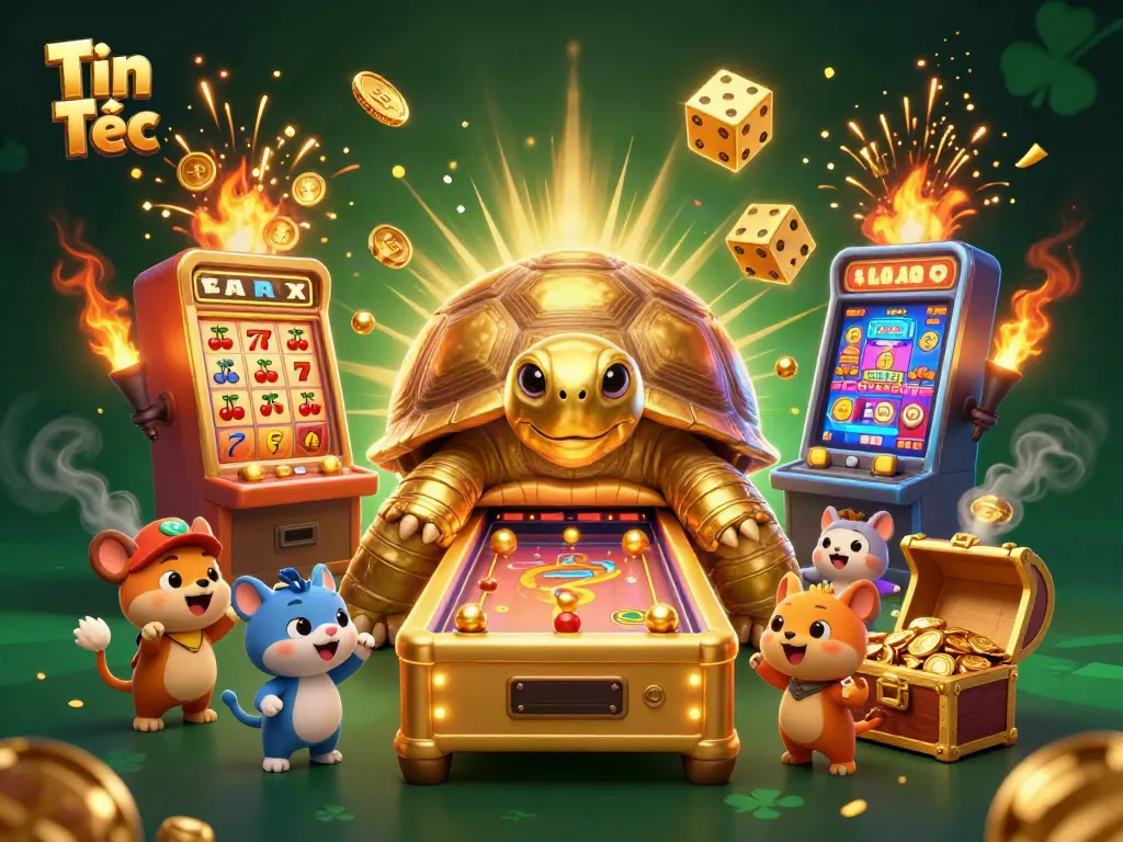 Tin Tức illustration featuring a colossal golden tortoise pinball machine excitingly surrounded by vibrant casino game elements.