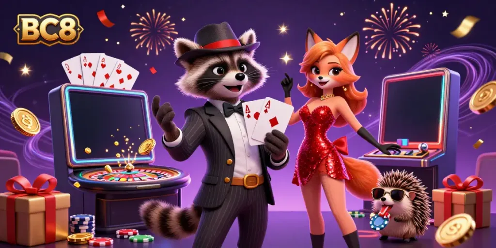 Experience the excitement of BC8 casino with a charming raccoon and vibrant game elements.