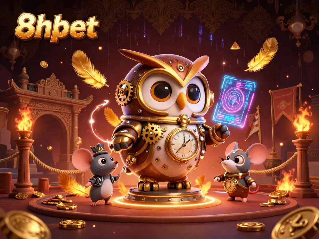 Experience thrilling gameplay with 8xbet's vibrant 3D casino illustration featuring unique Time-traveler owl.