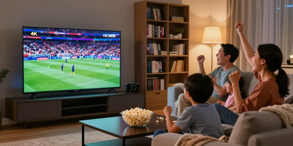 Miglior IPTV streaming in a cozy family living room during movie night.