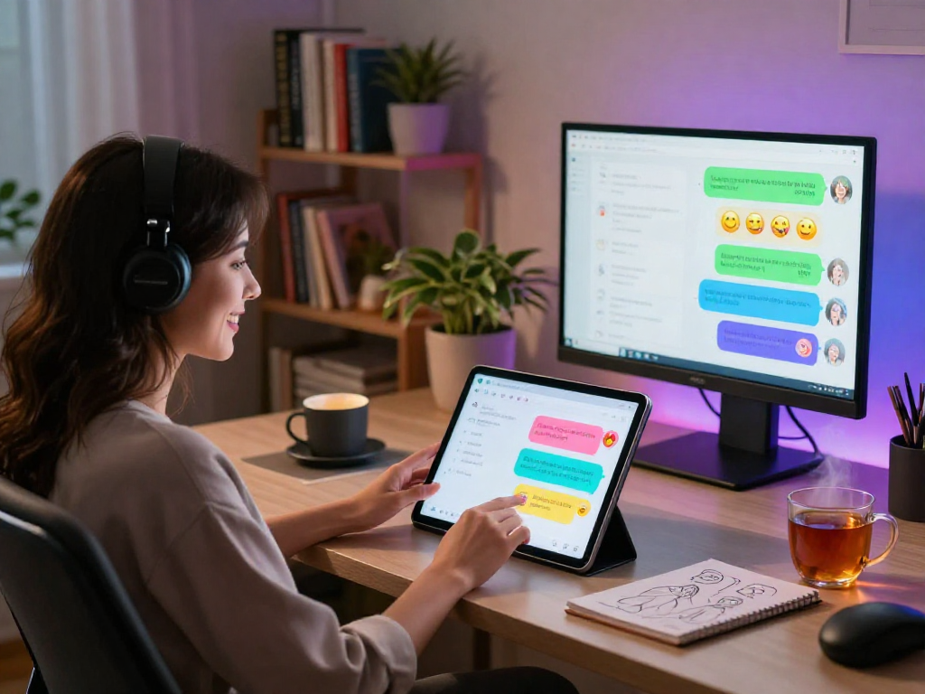 Engaging with sex AI chatbot in a cozy home office setting, showcasing digital interaction.