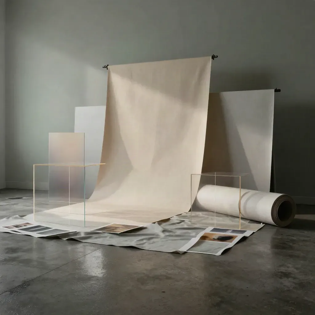 Set fotografico editoriale con fondali, plinti e luce dorata su pavimento bagnato.