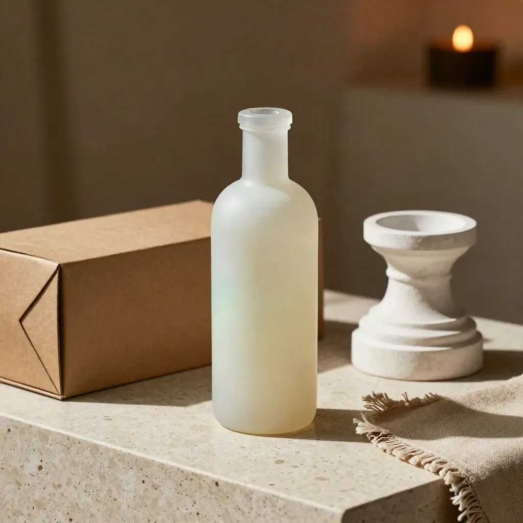 Bottiglia in vetro opalino con scatola kraft su piedistallo in gesso e lino, luce calda.