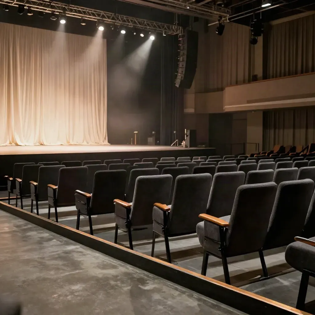 Sala conferenze vuota con palco acceso, tessuto in movimento e luci tecniche in atmosfera teatrale.