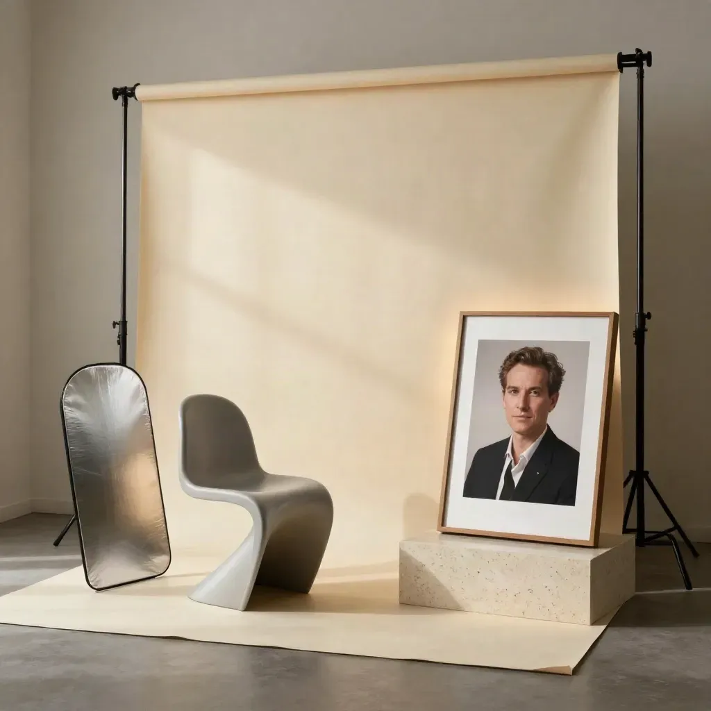 Set per ritratti aziendali con fondale neutro, sedia di design, pannello riflettente e stampa incorniciata.