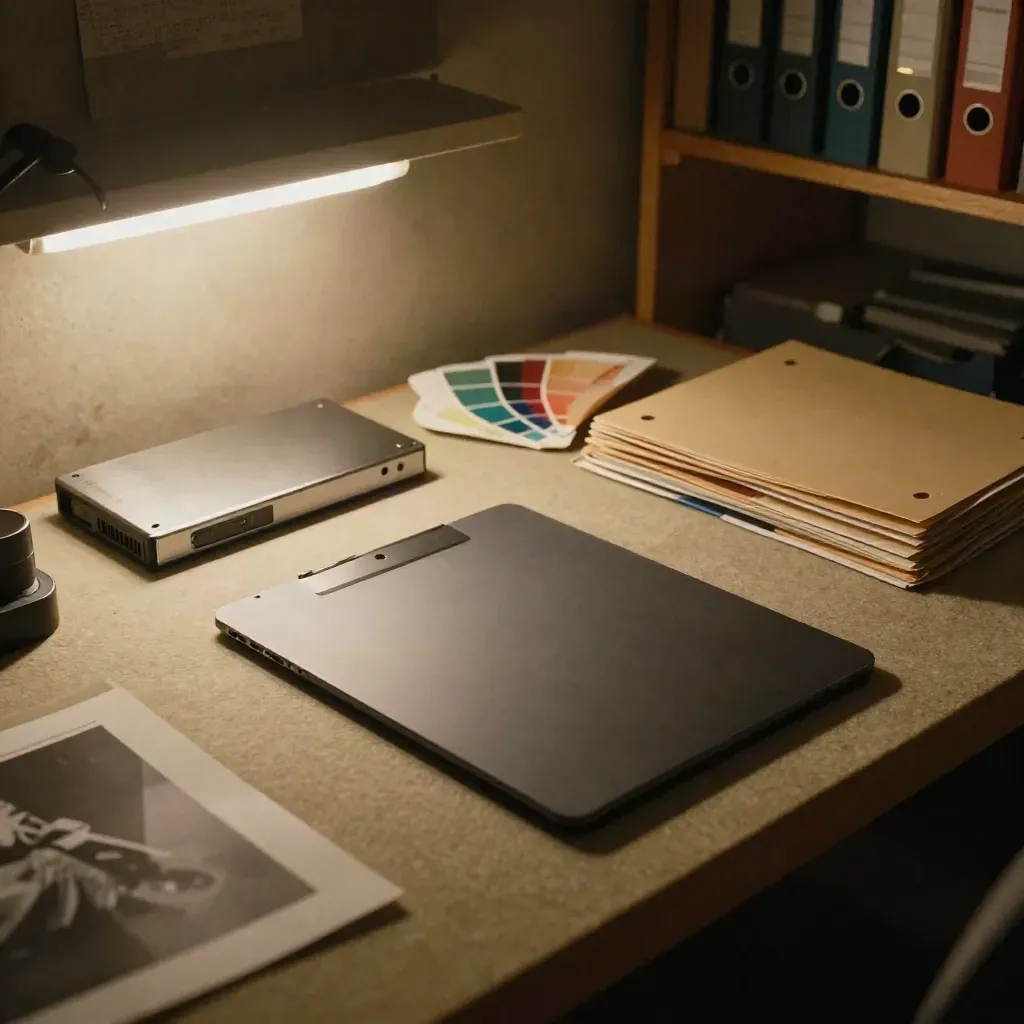 Tavoletta grafica, disco di backup, campioni colore e cartelle archivio in un angolo di editing.