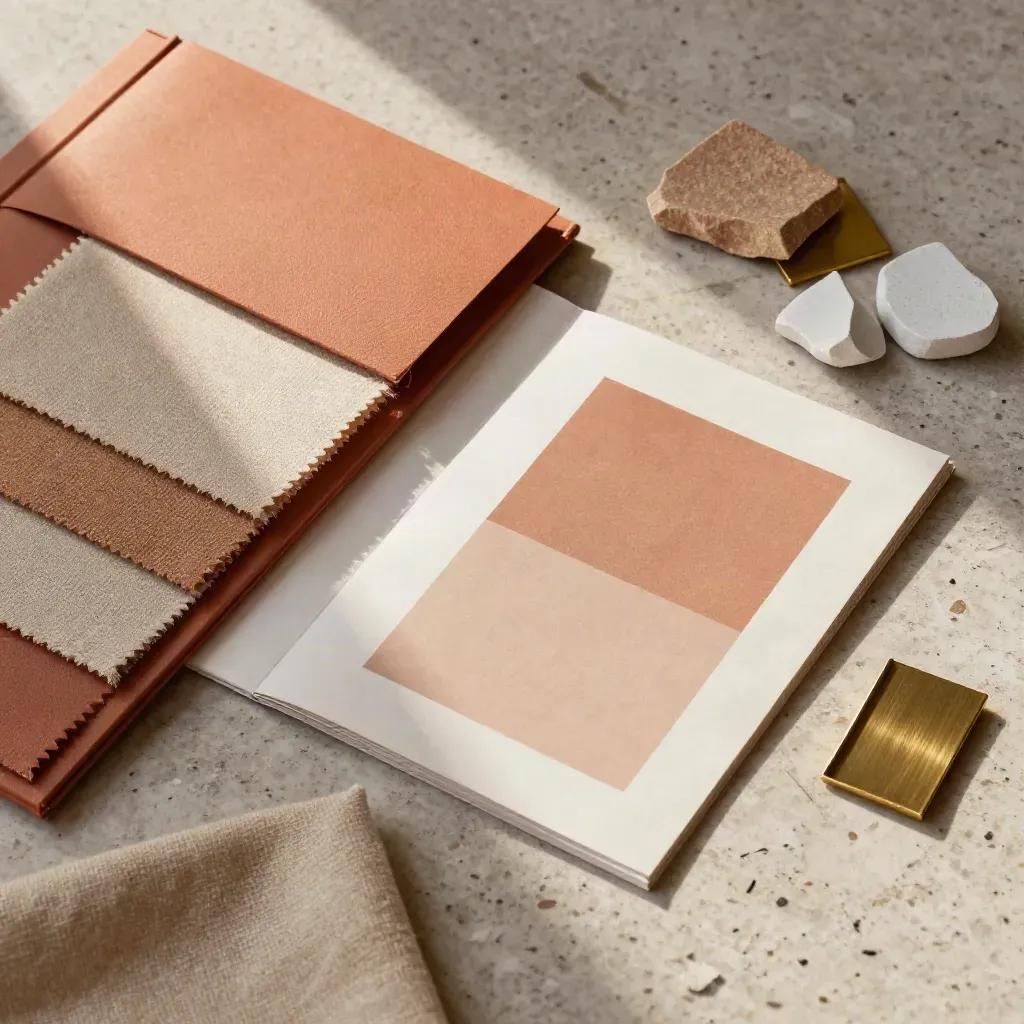 Flat lay con campioni materici, carte tono su tono e cartella campioni su travertino caldo.