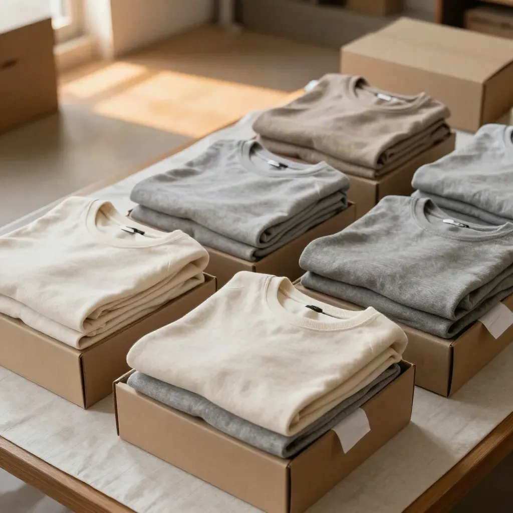 Pacco moda con capi piegati, varianti colore ordinate e scatole neutre su lino.