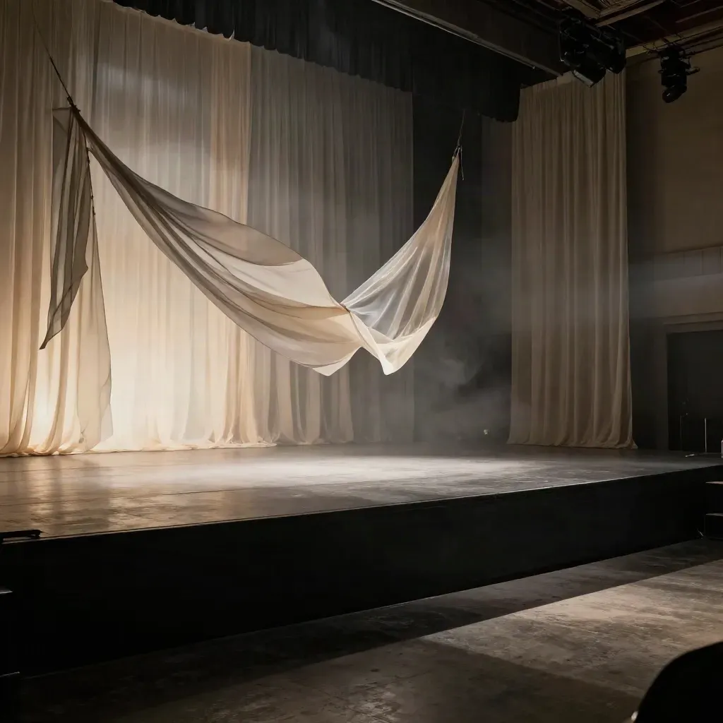 Sala eventi vuota con installazione luminosa, veli tessili e proiezione sfocata nell’afterglow della serata