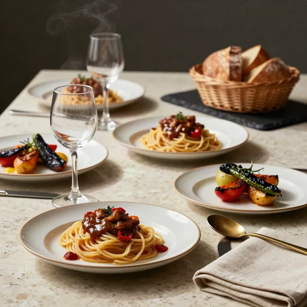 Piatti gourmet, bicchieri vuoti e servizio su travertino con luce calda editoriale.