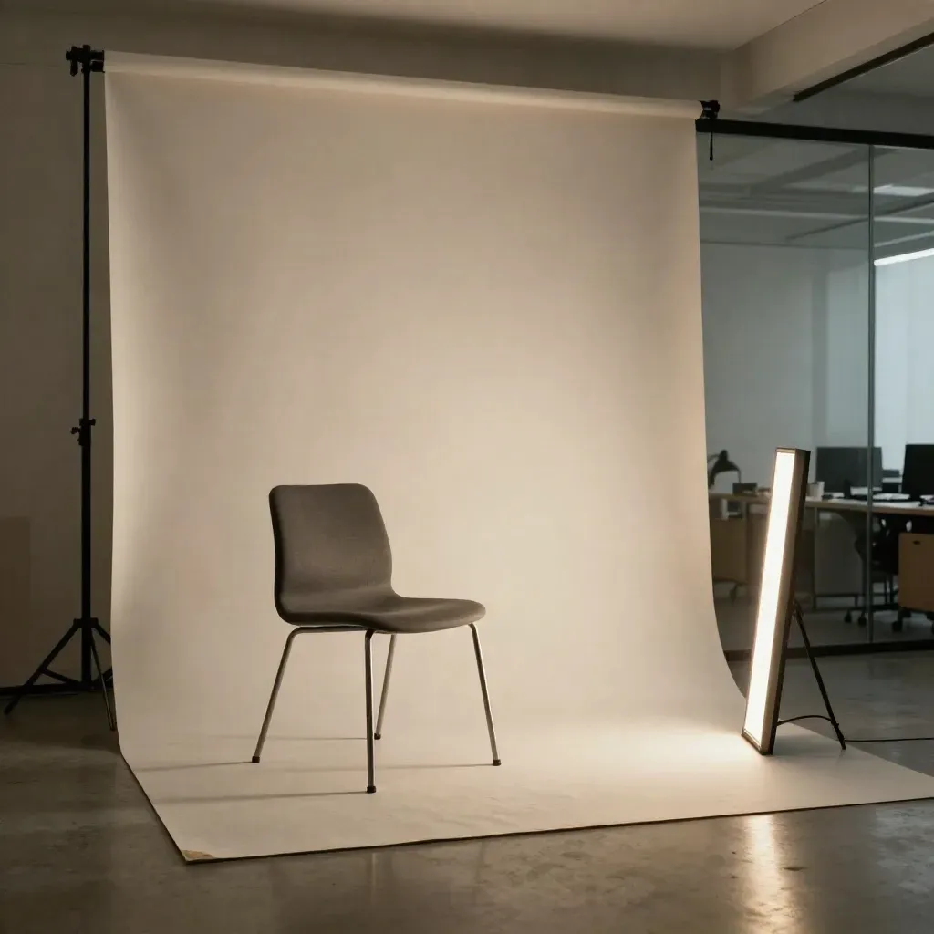 Studio ufficio vuoto con fondale morbido, sedia minimale e cornice luminosa pronta per ritratti LinkedIn.