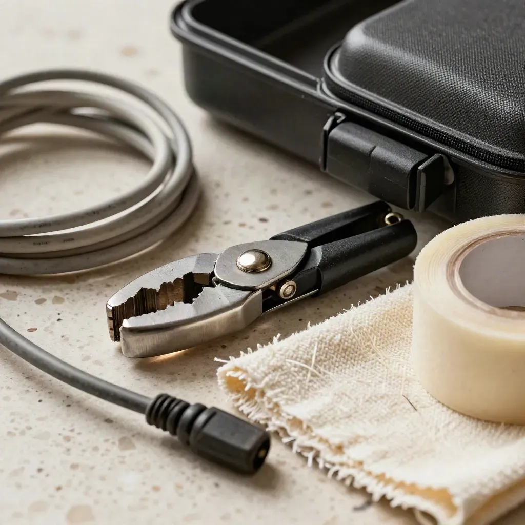 Kit consumato di morsetti, cavi sync, gaffer e panno microfibra su travertino, in macro laterale