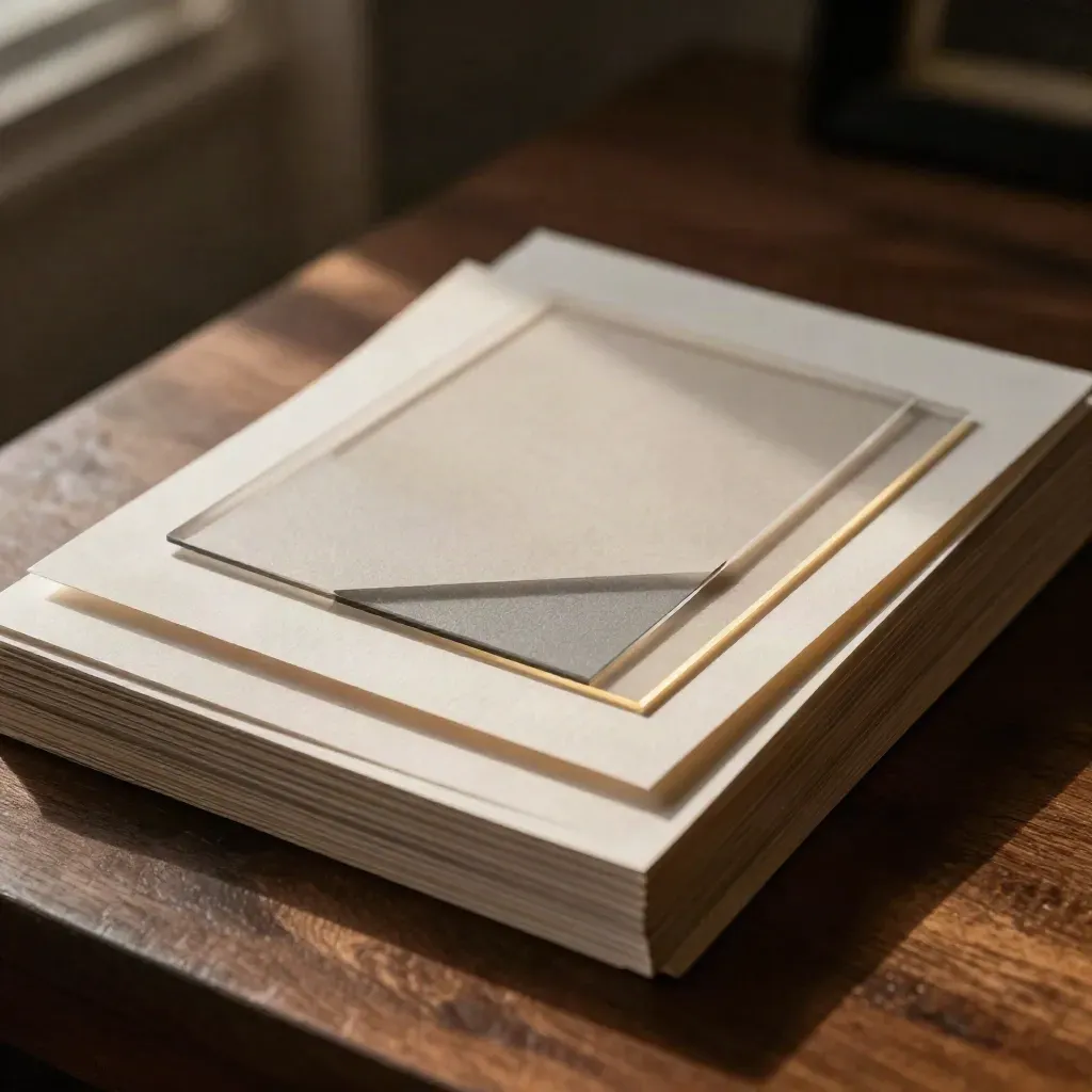 Campioni di carta, acetati e miniature di set in luce drammatica, con accento oro soft.