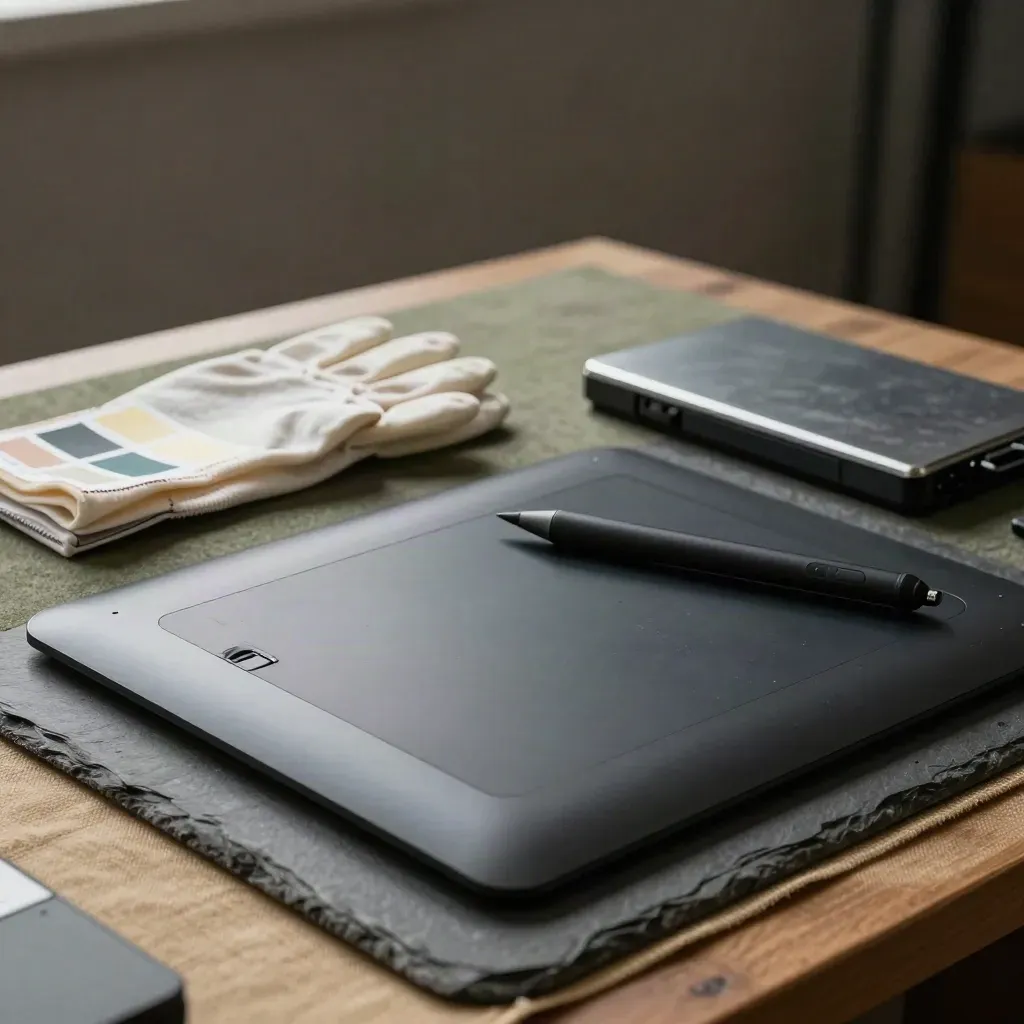 Tablet grafica, stilo, guanti in microfibra, target colore chiuso e disco di backup su banco ardesia.