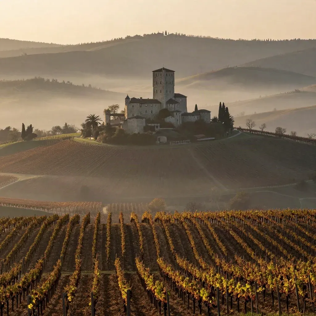 Colline delle Langhe con vigneti ordinati, castello in cima e bruma mattutina
