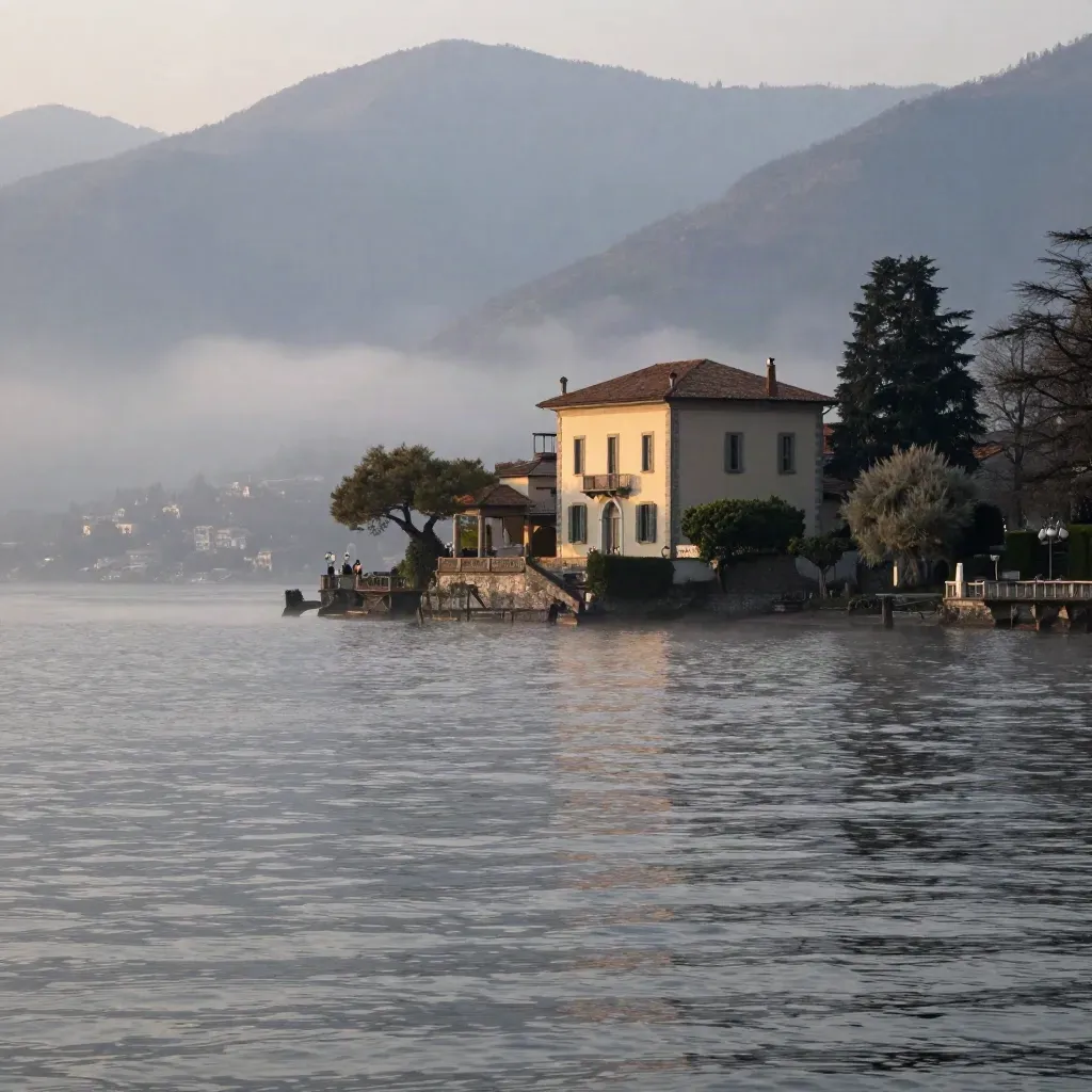 Lago di Como all’alba con villa sul promontorio e montagne velate nella nebbia