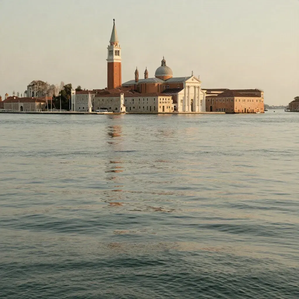Laguna veneziana al tramonto con campanili e isole basse, acqua calma e luce dorata.
