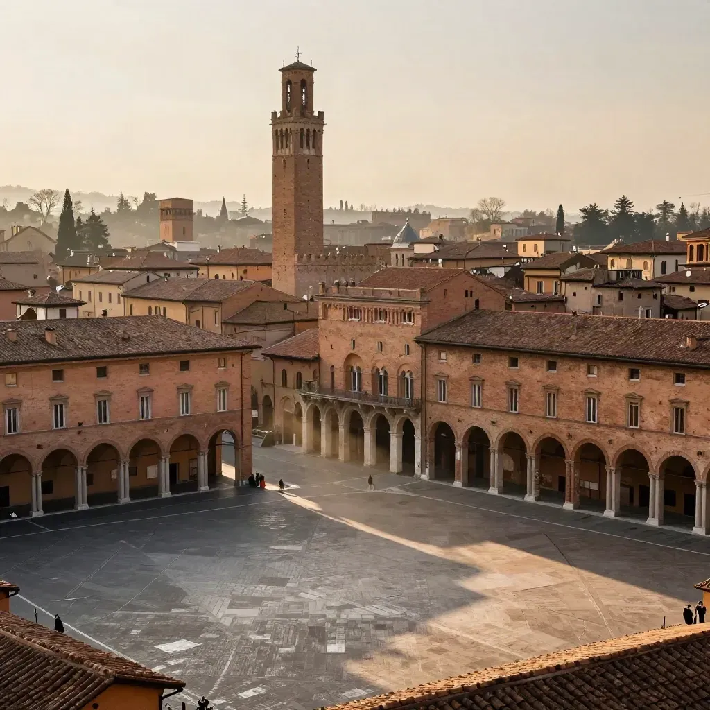 Le Due Torri di Bologna sopra una piazza vuota in luce calda del tramonto