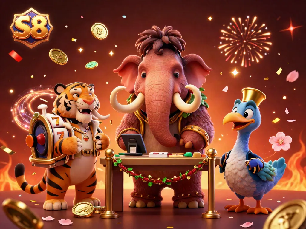 S8 casino theme: woolly mammoth bouncer, saber-tooth tiger VIP, and dodo doorman with slot reels.