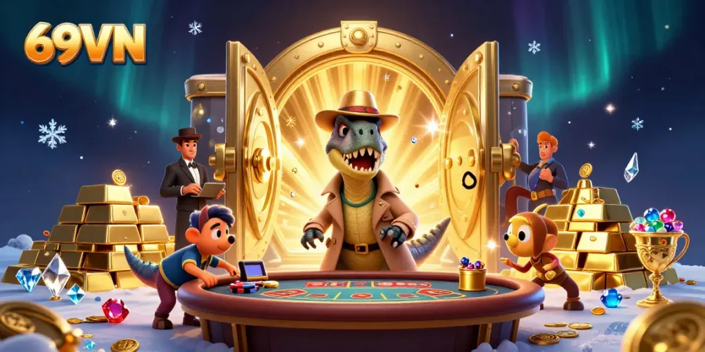 Experience exciting gaming at 69VN, featuring vibrant animated dinosaurs engaged in a thrilling blackjack game.