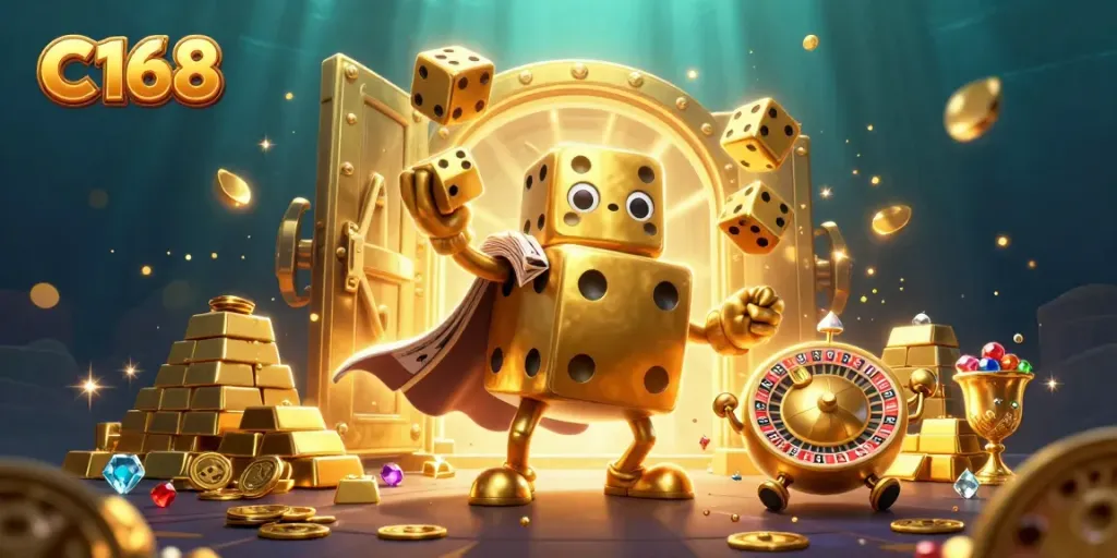 C168 players enjoy a thrilling casino experience with golden dice, jewels, and vibrant game elements.
