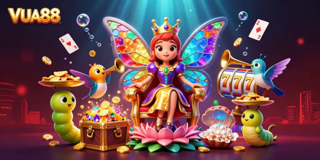 VUA88's vibrant casino scene showcases a fantasy butterfly queen amidst colorful slot reels and gold coins.