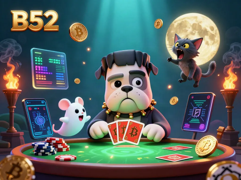 Engage in thrilling B52 casino gaming with a playful bulldog dealer and mystical characters at a vibrant green table.