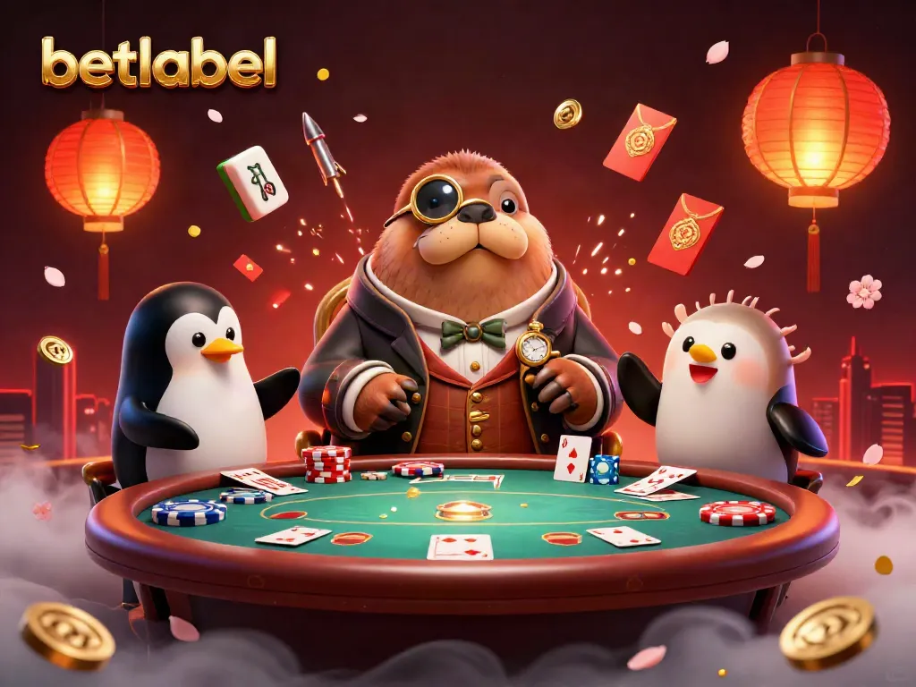 Engaging Betlabel characters playing poker with vibrant casino elements in a dynamic scene.