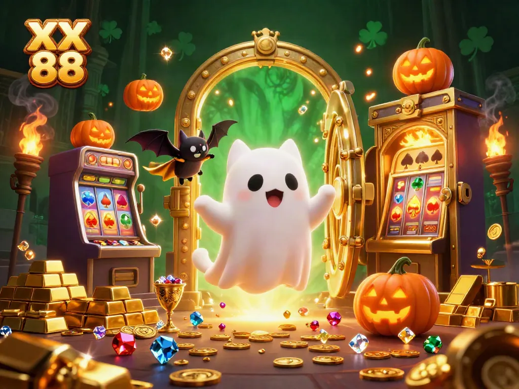 Engage with XX 88's thrilling ghost cat and vampire bat in a vibrant haunted casino.