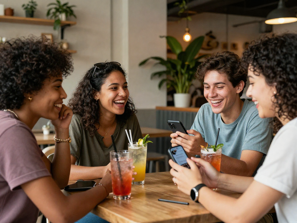 Engaging spicy chat among friends at a trendy café, highlighting vibrant social interaction.