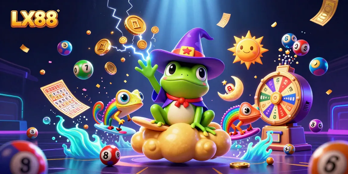 Experience the thrill of LX88 with a cartoon illustration featuring a magical frog and chameleon in a vibrant casino atmosphere.