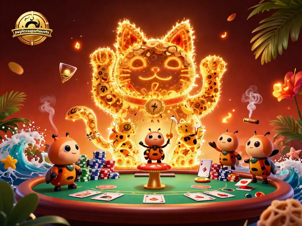 Experience thrilling gameplay with paylessapartments as golden fireflies transform into a lucky cat at a vibrant casino scene.