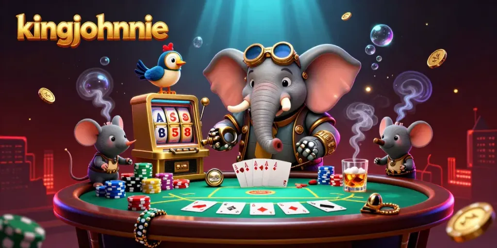 Experience exhilarating gameplay at kingjohnnie, highlighted by a vibrant steampunk elephant engineer, dynamic poker action, and casino excitement.
