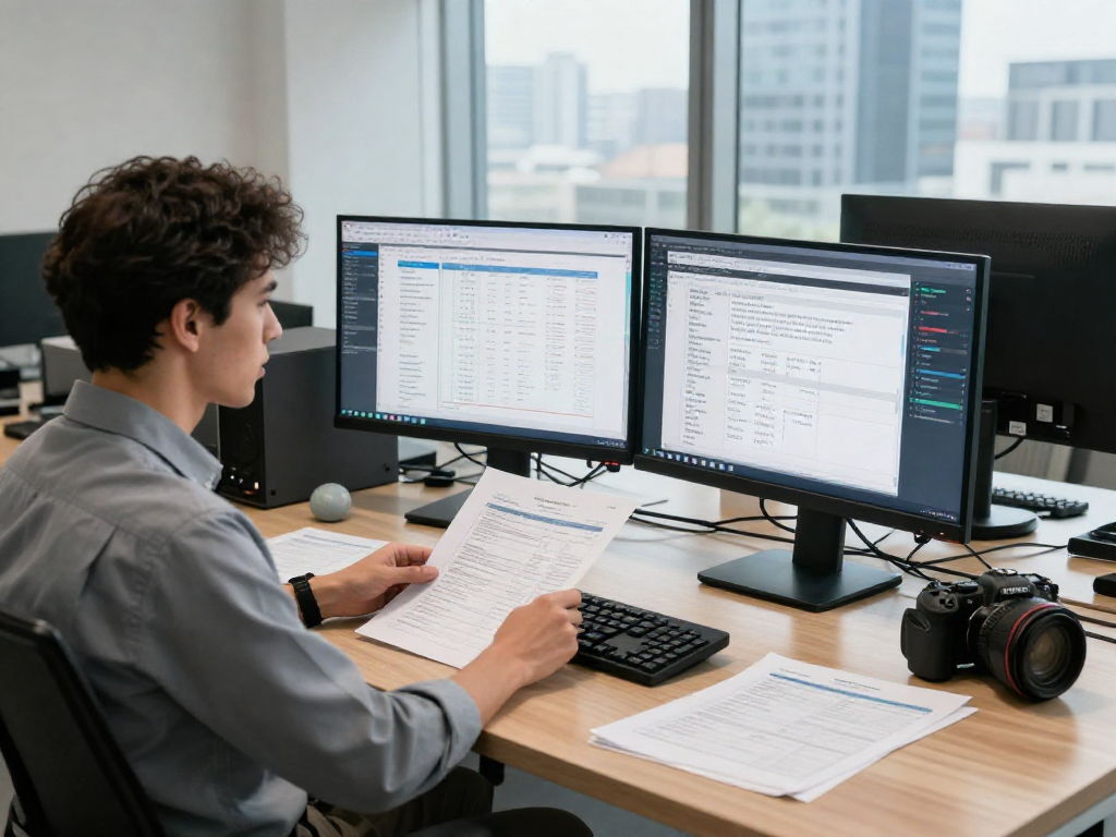 Business professional engaged in document fraud detection analysis with high-tech tools in a modern office