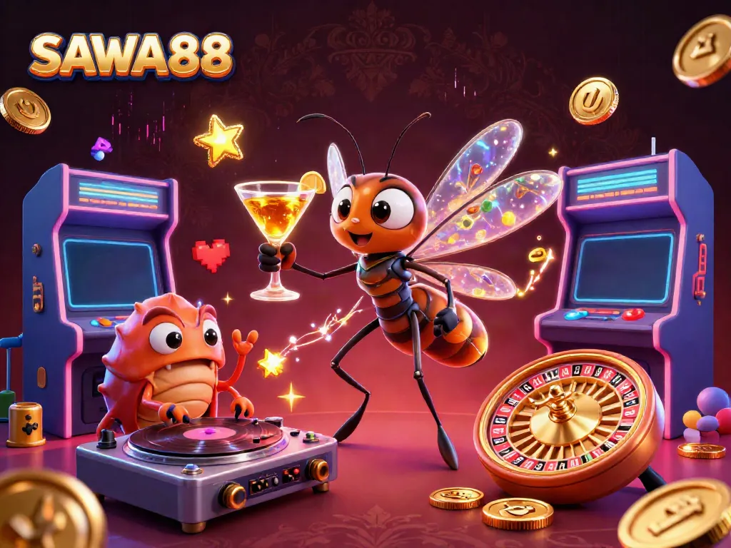 SAWA888 showcases a vibrant casino scene with a unique frozen-in-amber mosquito mascot, ready to engage players.