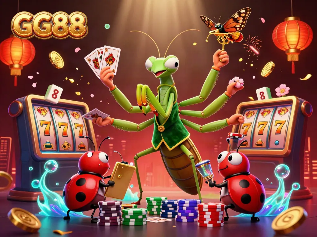 GG88 showcases a vibrant 3D casino illustration with a praying mantis card sharp and lively character interactions.